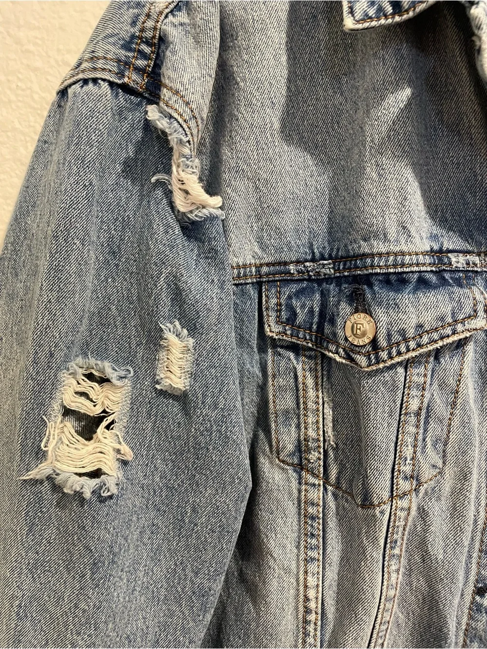 Fiore Distressed Denim Jacket Medium Oversized Longline Boyfriend Blue Jean